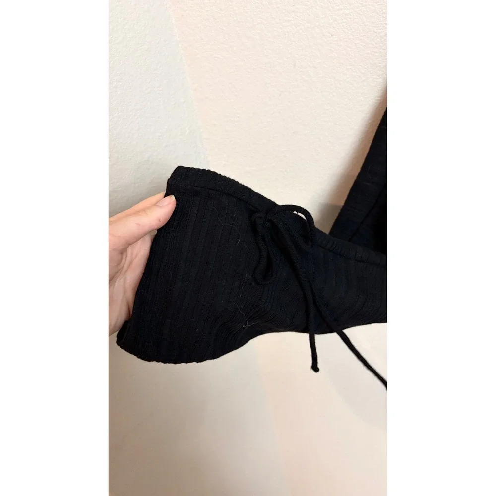 Free People Beach Cold Shoulder Mini Dress S/P Black Ribbed Knit Tie Sleeve Boho